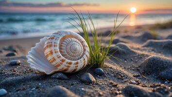 Seashell on Sandy Beach with Grass at Sunset by the Ocean photo