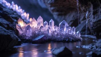 Glowing Crystal Cave with Flowing Water and Reflections Creating Serene Scene photo