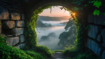 Stone Archway View Overlooking Misty Valley at Sunrise with Vines photo