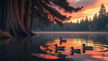 Ducks Swim on Lake at Sunset Reflected in the Water photo