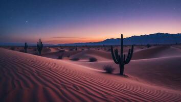 Cactus in Desert Sand Dunes Under Starry Night Sky Landscape photo