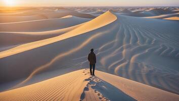 Person Standing on Sand Dune at Sunset in Desert Landscape photo