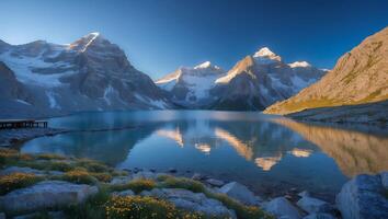 Reflecting Lake Surrounded by Snow Capped Mountain Peaks with Clear Sky photo