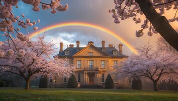 Manor House with Rainbow and Blooming Cherry Trees in Spring photo
