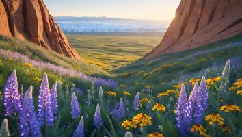 Lupine and Yellow Wildflowers Blooming in a Mountain Valley at Sunrise photo