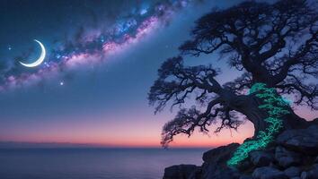 Majestic Tree Silhouette Against Colorful Night Sky with Crescent Moon photo
