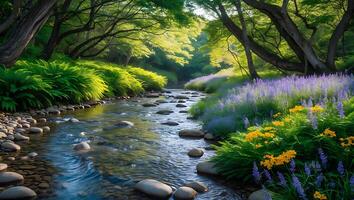 Flowing River Through Forest with Rocks and Colorful Wildflowers photo