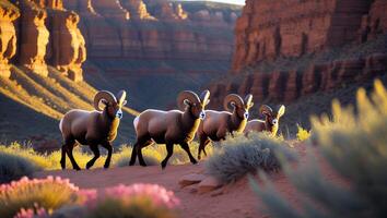 Bighorn Sheep Group Walking Through Canyon Landscape with Warm Lighting photo