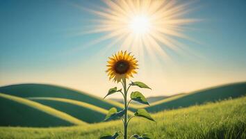 Sunflower Growing in a Green Field with Bright Sunshine photo