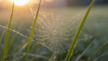 Spiderweb with Dew Drops on Grass at Sunrise Close View photo