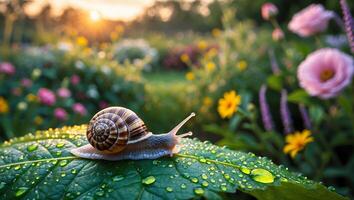 Snail Crawling on Dewy Leaf in Sunny Flower Garden Scene photo