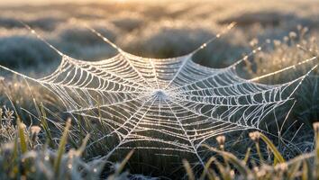 Icy Spiderweb on Grassy Field Glimmering in Morning Sunlight photo