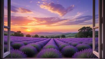 Lavender Field Seen Through Open Window at Sunset with Colorful Sky photo