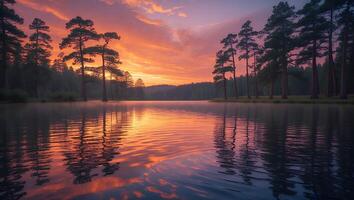 Calm Lake Reflecting a Fiery Sunset with Forest Trees Edging photo