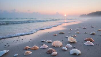 Seashells on Beach at Sunset with Ocean Waves and Gentle Light photo