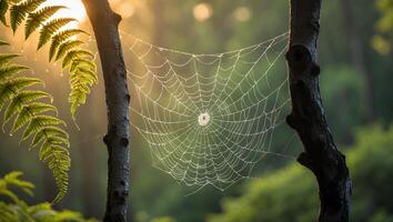 Spiderweb with Water Droplets Hanging Between Trees in a Forest photo