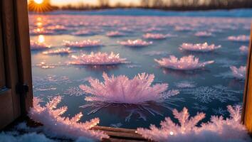 Frozen Lake Flowers Sparkling at Sunset Seen Through Rustic Window photo