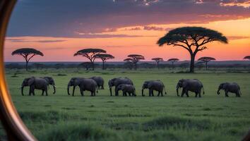 Elephants Grazing in Open Savannah at Dusk with Vibrant Skies photo