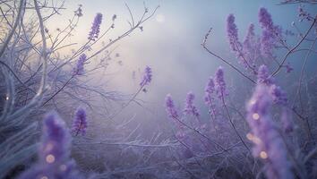 Lavender Flowers Blooming with Frost on Branches in Morning Mist photo