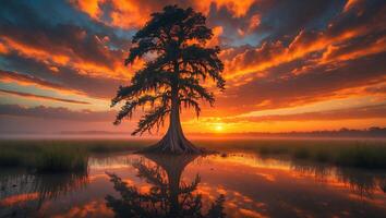 Lone Tree Reflecting on Water at Colorful and Dramatic Sunset photo