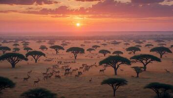Antelope Herd Grazing in African Savannah at Sunrise Amidst Acacia Trees photo