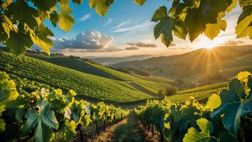 Vineyard Landscape at Sunset with Rolling Hills and Warm Light photo