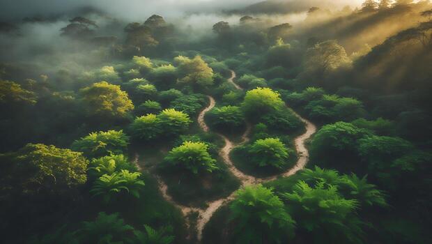 Winding Path Through Lush Green Forest with Mist and Sunlight photo