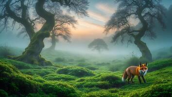 Fox Walking in Misty Green Meadow at Sunrise with Trees photo