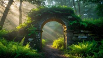 Entering Mystical Forest Archway with Sunlight and Ferns Creates Enchanting Scene photo