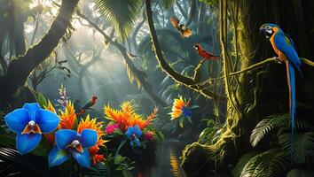 Vibrant Jungle Scene with Exotic Birds, Lush Foliage, and Flowers photo