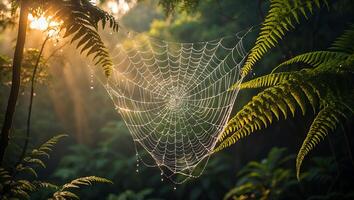 Spiderweb in a Misty Forest with Ferns and Sunlight Breaking Through photo