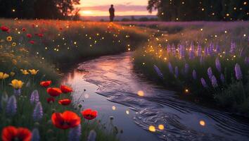 Person Walks by Stream Through Field with Flowers at Sunset photo