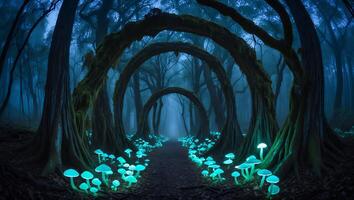 Enchanted Forest Path with Glowing Mushrooms and Mossy Arches photo