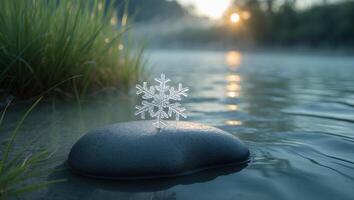 Snowflake on Rock in Water at Sunrise Creates Cold Atmosphere photo