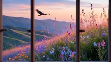 Bird Soaring Over Flower Meadow Seen Through Window During Sunset photo