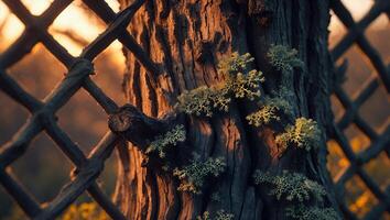 Tree Trunk and Rustic Fence with Lichen in Golden Light photo