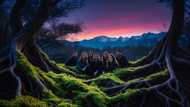 Group Enjoying Forest Landscape with Moss Covered Roots and Mountains photo