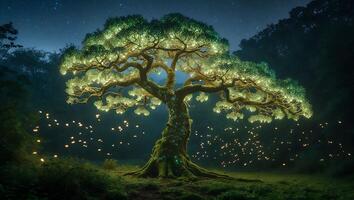 Glowing Tree with Lights in Forest at Night with Fireflies photo
