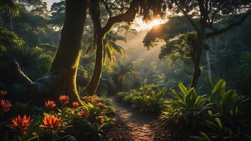 Walking Path Through Tropical Rainforest at Sunrise with Lush Vegetation photo