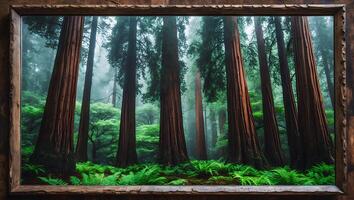 Viewing Redwood Forest Through Carved Wooden Frame for Home Decor photo