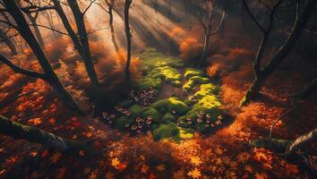 Sunlight in Autumn Forest Illuminating Mossy Ground and Fallen Leaves photo