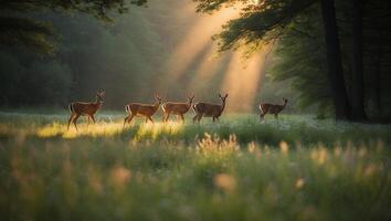 Deer Walking in Sunlit Meadow Near Forest in Golden Light photo