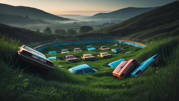 Vintage Cars Embedded in Grassy Landscape with Rolling Hills Scenery photo
