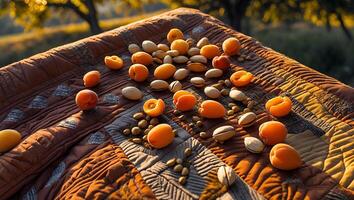 Apricots and Almonds on Quilt Enjoying an Outdoor Picnic Scene photo