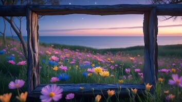 Wildflower Meadow Overlooking Ocean at Dusk Framed by Rustic Wood Structure photo