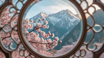 Cherry Blossom and Mountain View Through Ornate Window Frame photo