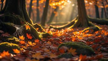 Autumn Forest Floor with Fallen Leaves and Sunlight Filtering Through Trees photo