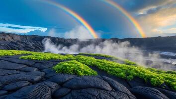 Double Rainbow Over Lava Rock with Green Vegetation and Steam photo