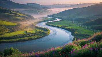 Winding River Through Green Valley with Flowers and Misty Hills photo