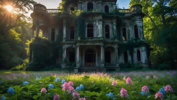 Exploring an Old Mansion with Flowers and Lush Greenery Around photo